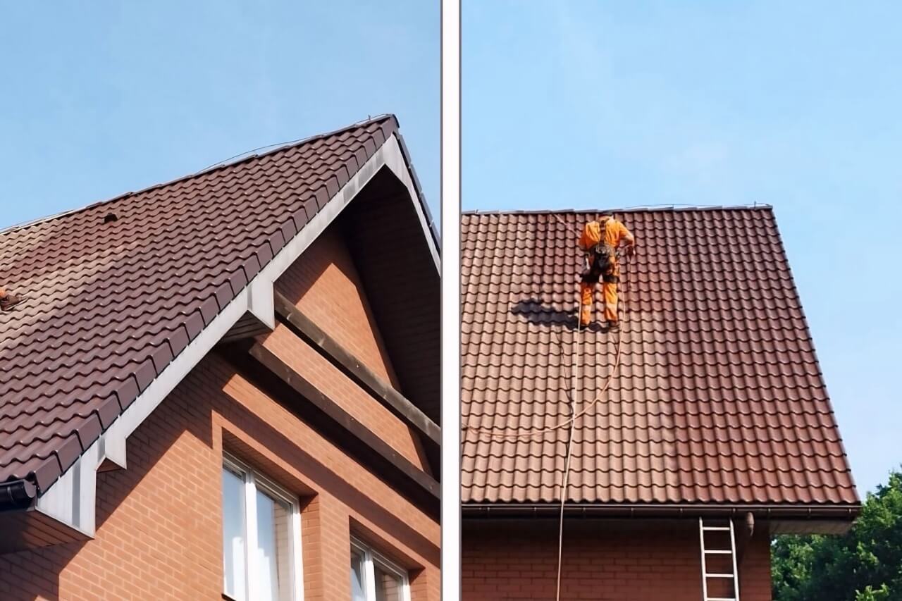 Malowanie dachu z dachówki ceramicznej – przed i w trackcie zlecenia-az-clean