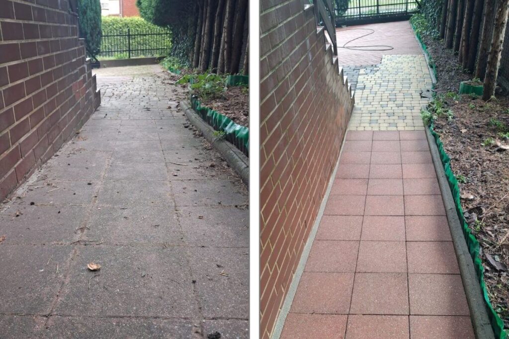 czyszczenie posadzki brukowej-efekt przed i po czyszczeniu przez firme az clean