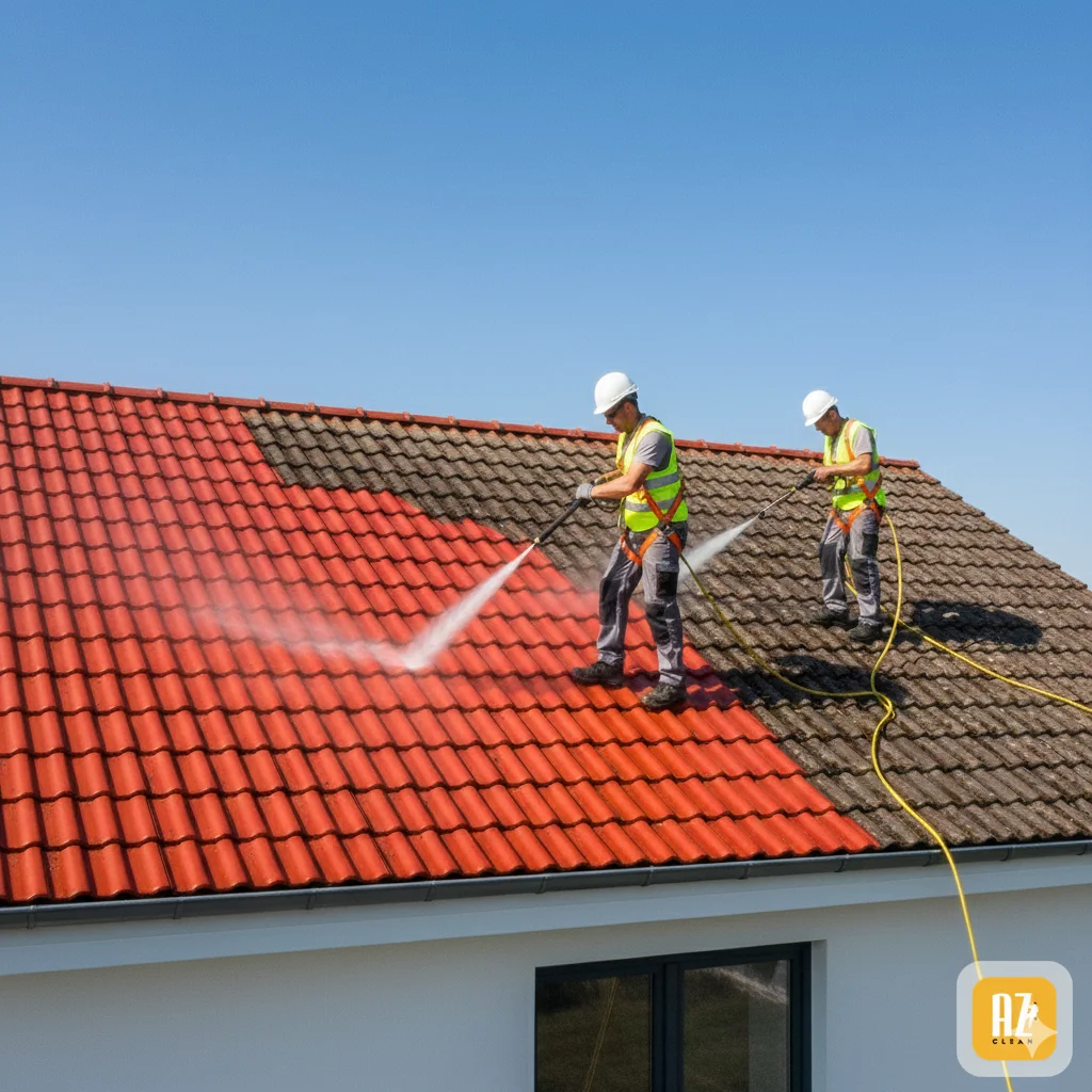 mycie cisnieniowe dachu domu przez specjalistow firmy az clean